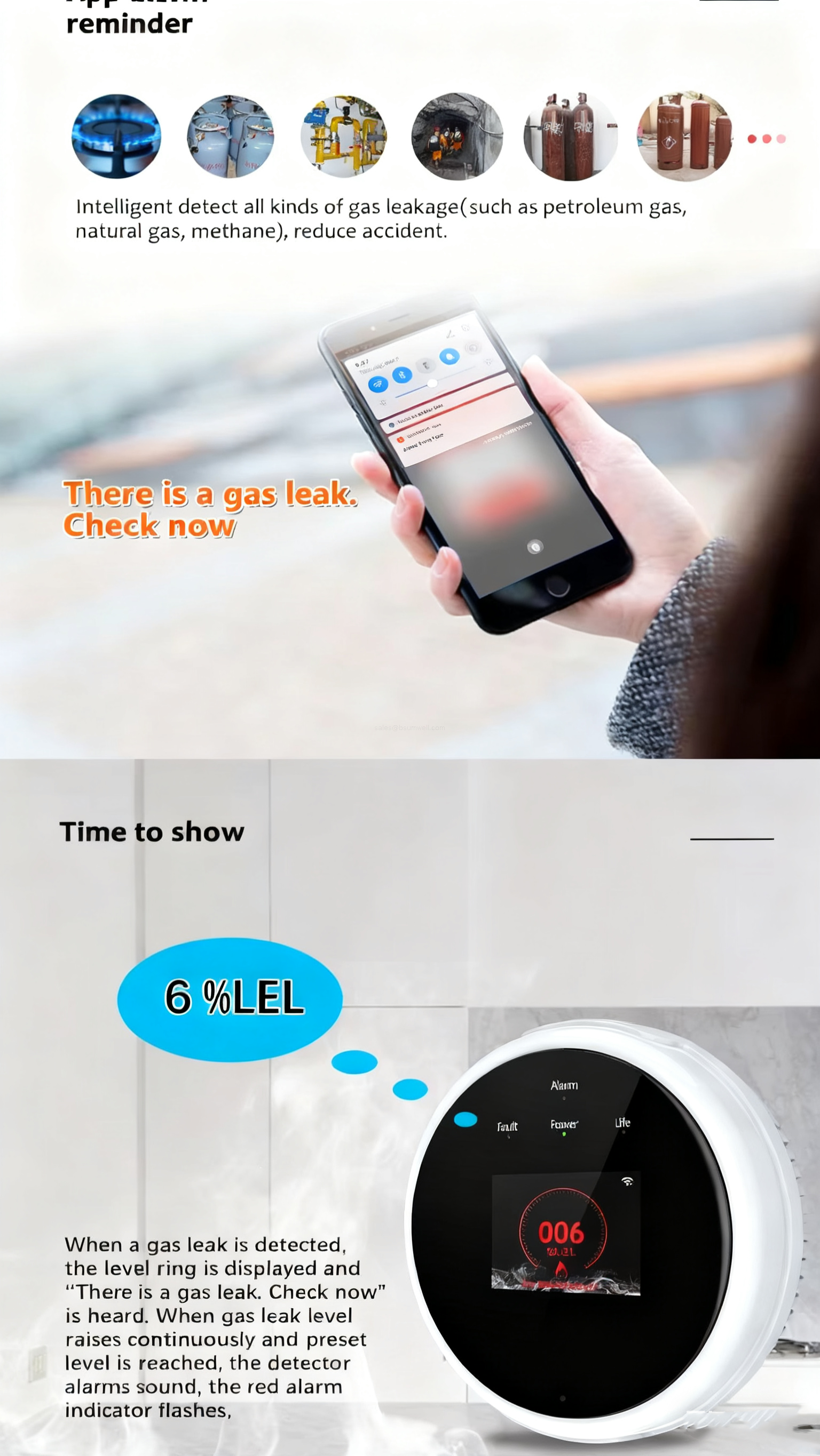 Intelligent detect all kinds of gas leakage(such as petroleum gas,natural gas, methane), reduce accident.