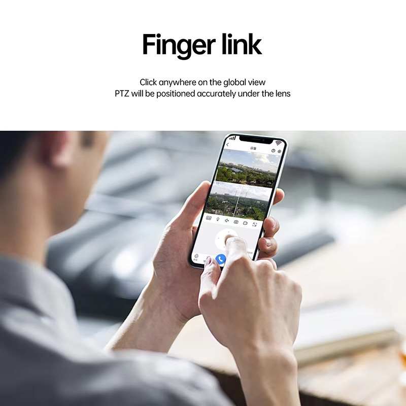 Finger link: Click anywhere on the global view PTZ will be positioned accurately under the lens