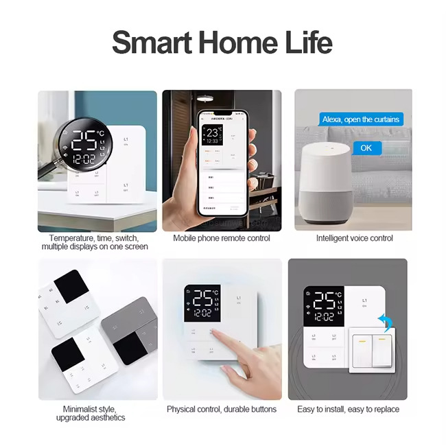 Temperature/Time/Light Voice Control Tuya ZigBee/WiFi Smart Display Switch with 3 Colors, Non-Neutral/Neutral Wiring