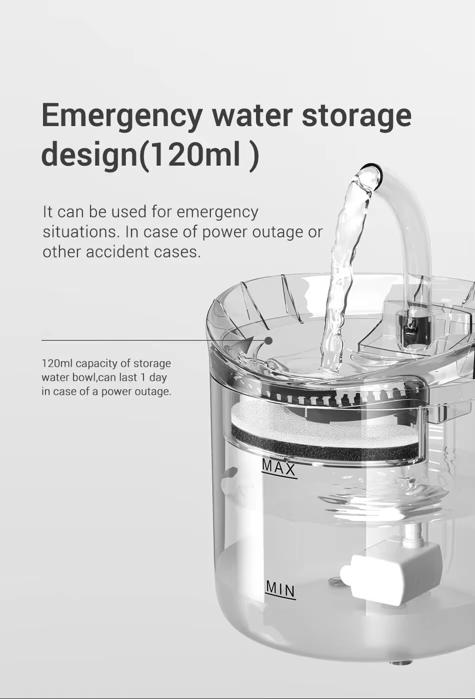 Emergency water storagedesign(120ml ) It can be used for emergencysituations.In case of power outage orother accident cases