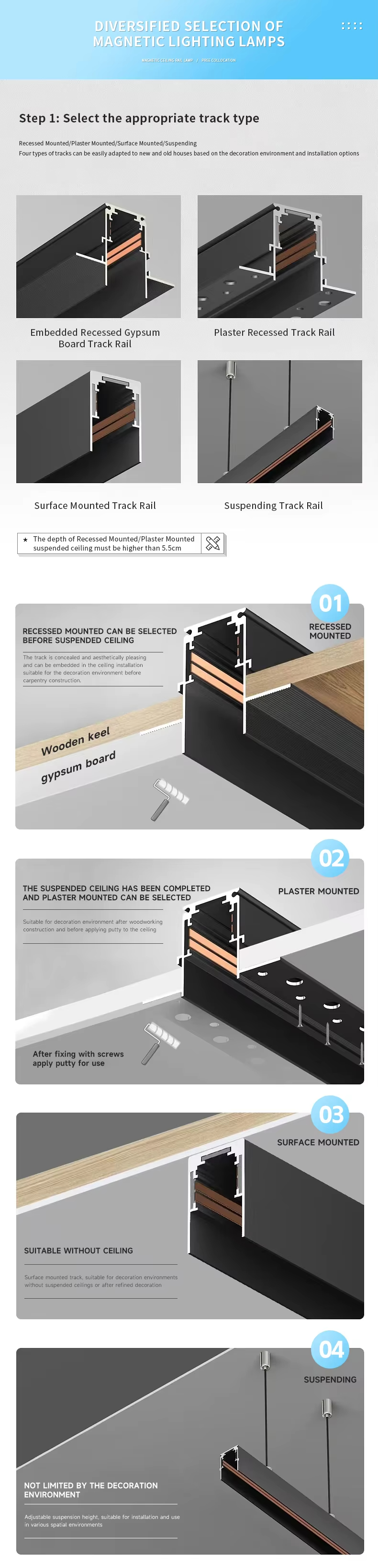 DIVERSIFIED SELECTION OFMAGNETIC LIGHTING LAMPS Step 1: Select the appropriate track type Recessed Mounted/Plaster Mounted/Surface Mounted/Suspending Fourtypes of tracks can be easily adapted to new and old houses based on the decoration environment and installation options