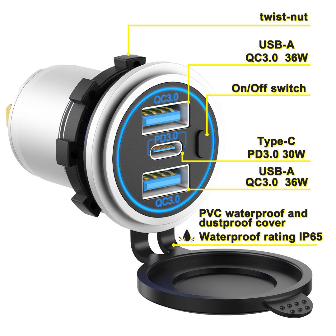 12V 24V 4 in 1 Marine Switch Panel Dual USB PD QC3 Fast Charger Voltmeter Power Socket IP65 Waterproof