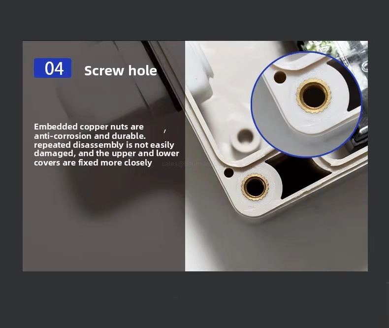 Embedded copper nuts areanti-corrosion and durable.repeated disassembly is not easilydamaged, and the upper and lowercovers are fixed more closely