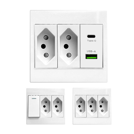 Brazil Standard Wall Socket 86x86 PC Flame Retardant Modular Electrical Outlet with USB Type C Charging Ports and Integrated Wall Light Switches