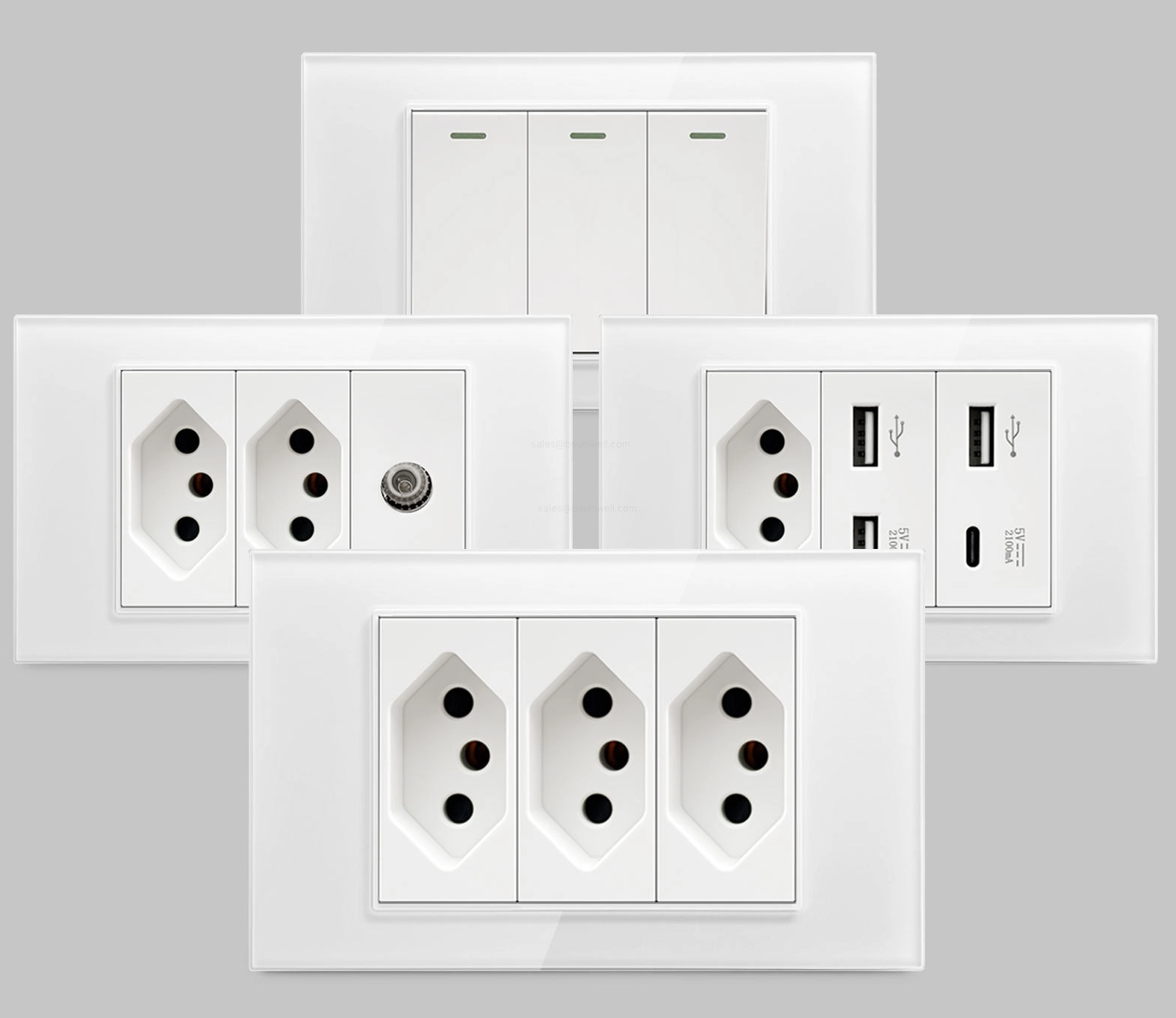 Brazil Standard Smart Switch Wall Outlet White Crystal Glass Panel Electrical Receptacle 10A 20A Power Socket with USB Type C 20W Fast Charger and Cat6 RJ45 Network Module