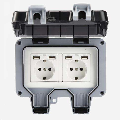 Double Socket Outdoor EU Standard IP66 Weatherproof Wall Power Outlet German Schuko Type Electrical Receptacle Box with Lockable Cover for Exterior Garden