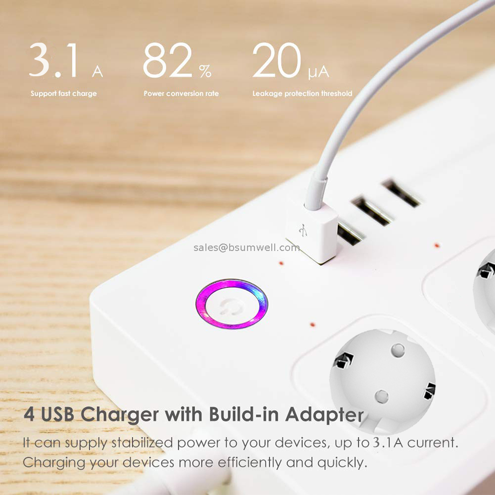 16A EU Smart Power Strip Wifi Tuya Plug Outlet Extender Multi Smart Office Socket Board with 4 Usb Ports Match Alexa