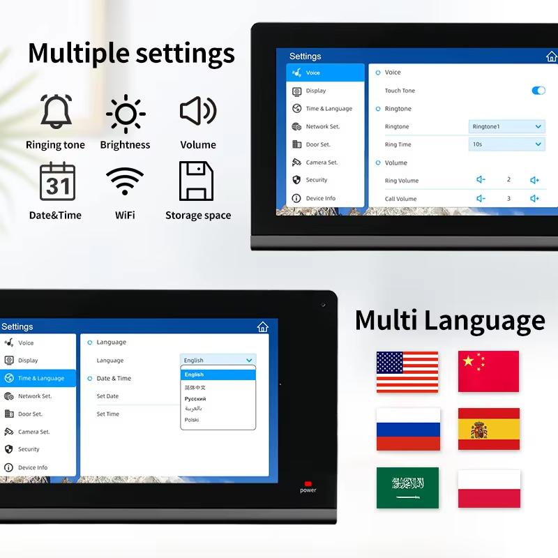 Multiple settings: Ringing tone, Brightness, Volume,Date&Time,WiFi,Storage space,Multi Language
