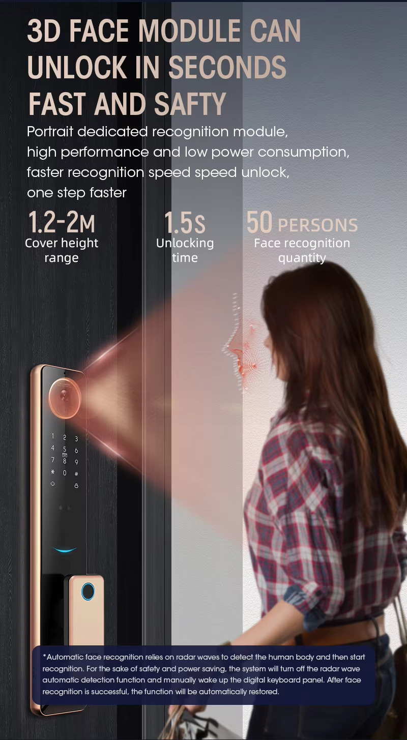 3D FACE MODULE CAN UNLOCK IN SECONDS FAST AND SAFTY Portrait dedicated recognition module,high performance and low power consumption,faster recognition speed speed unlock one step faster 1.2-2M Cover heightrange 15s Unlocking time 50 PERSONS Face recognition quantity