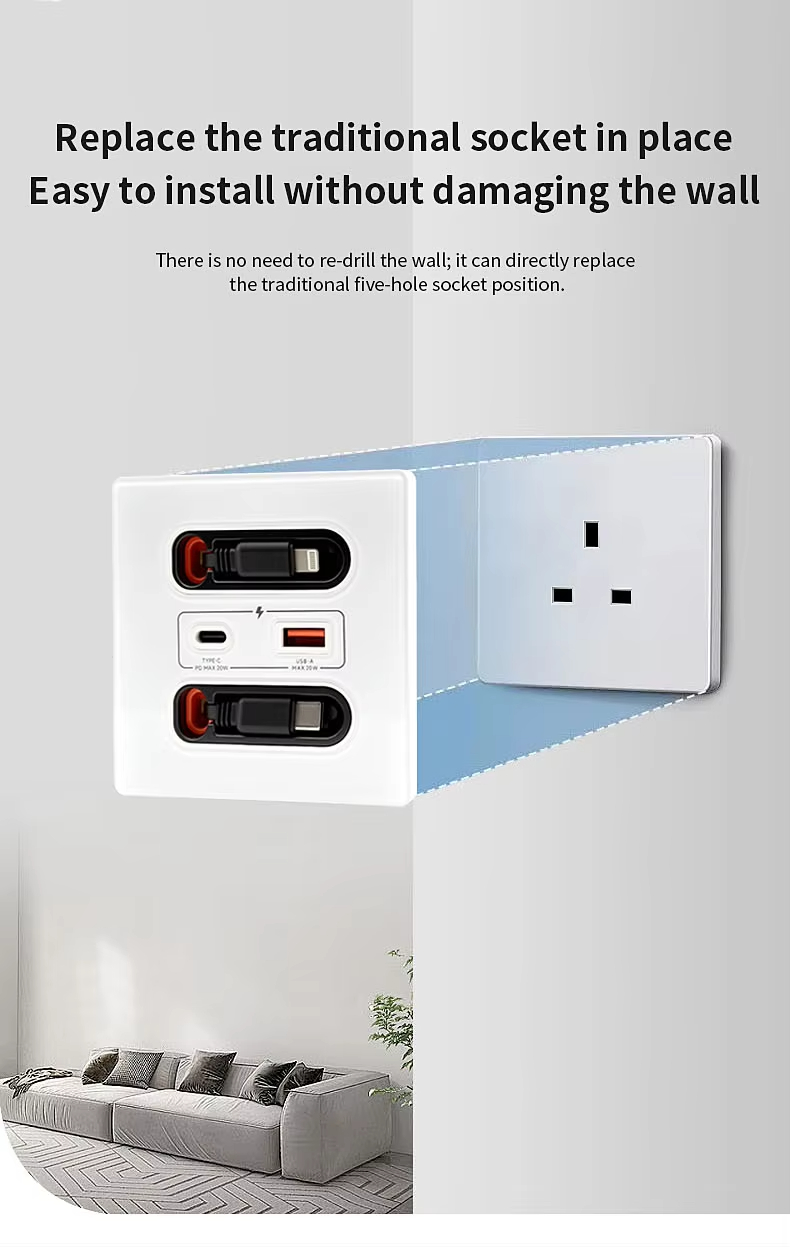 Replace the traditional socket in place. Easy to install without damaging the wall There is no need to re-drill the wall; it can directly replacethe traditional five-hole socket position.