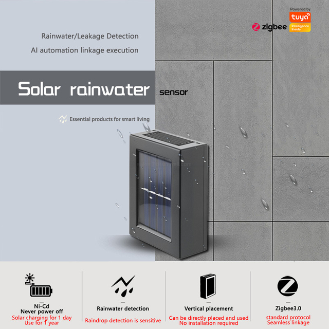 Tuya Zigbee Smart Solar Rainwater Sensor Water Leak Detector IP65 Waterproof Wireless Automation Linkage System