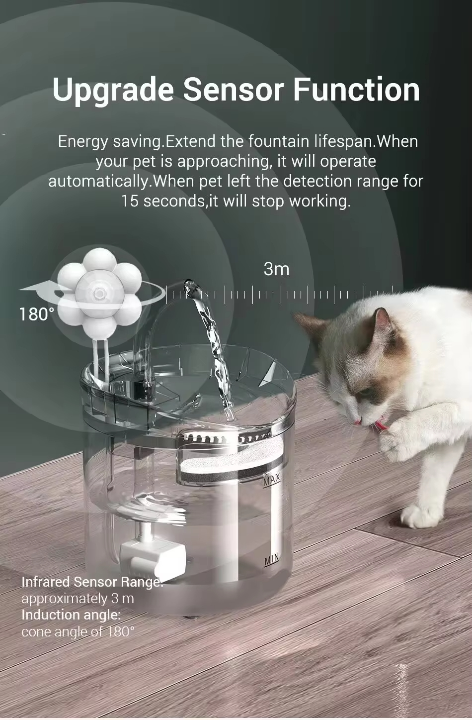 Upgrade Sensor Function Energy saving.Extend the fountain lifespan.Whenyour pet is approaching, it will operateautomatically.When pet left the detection range for15 seconds,it will stop working