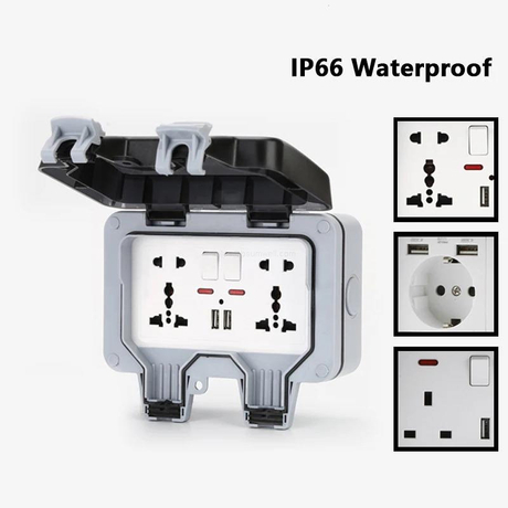IP66 Waterproof Outdoor Wall Socket Universal Plug Dual USB Ports Weatherproof Electrical Receptacle Box
