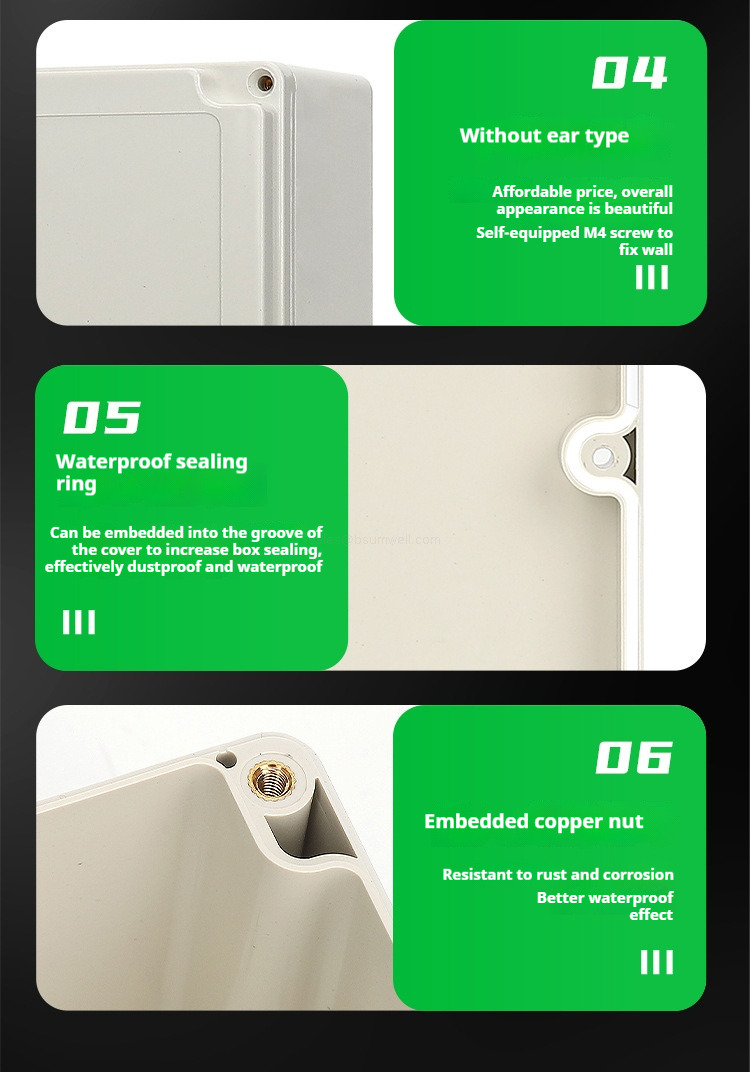 More suitable for humid environments and outdoor use, sturdy and durable, not easy to rust. Including fixing columns, there are fixed bosses inside the shell to facilitate fixing equipment. Version with lugs: Can use M6 screws for wall fixing installation. Version without lugs: Affordable price, beautiful overall appearance, with M4 screws for wall fixing.