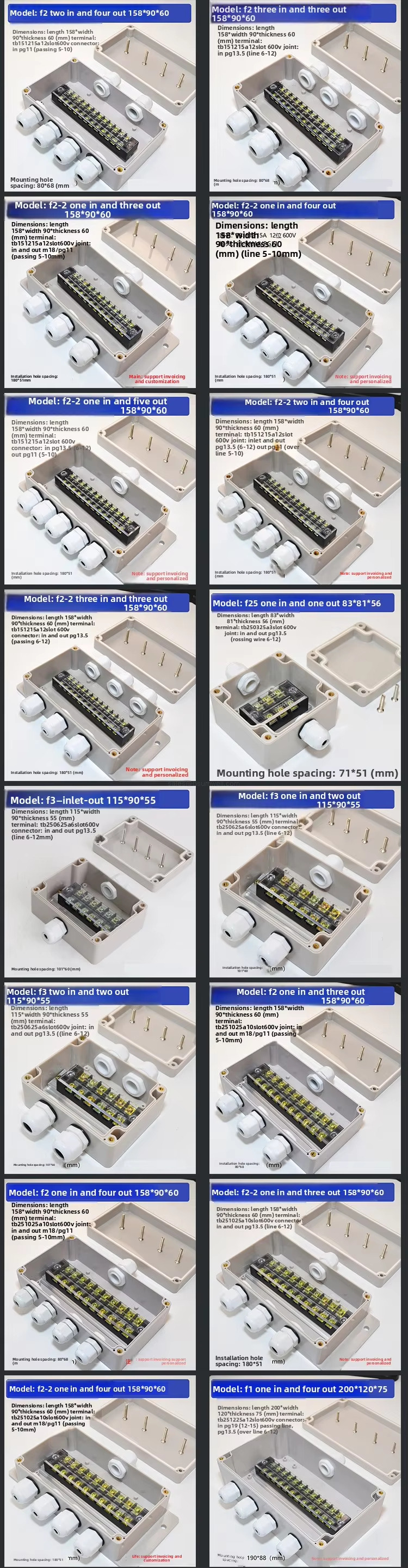 Model: f2 two in and four out 158*90*60 Dimensions:length 158*width90'thickness 60(mm)terminal:tb151215a12slot600vconnector:in pg11 (passing 5-10)