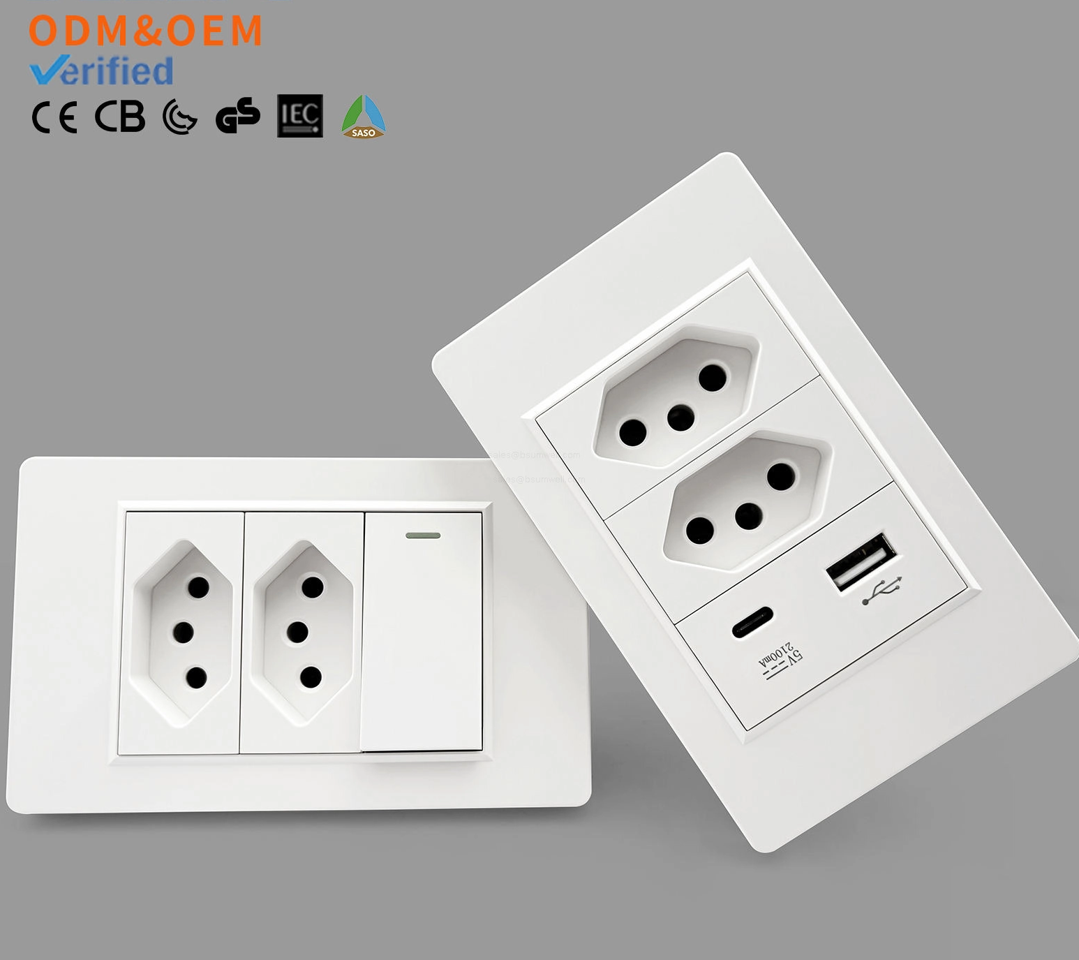 Brazil Standard Wall Power Socket Light Switch 118x72mm Fireproof PC Panel Dual USB Type C Fast Charger Smart Modular Combo Electric Outlet White