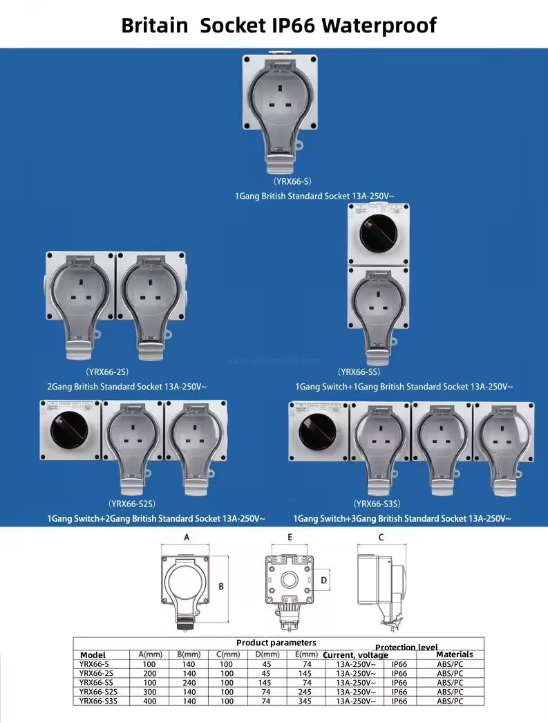 Triple Gang Outdoor Waterproof UK IP66 Wall Socket 13A 250V ABS PC Customizable for Garden Farm Factory