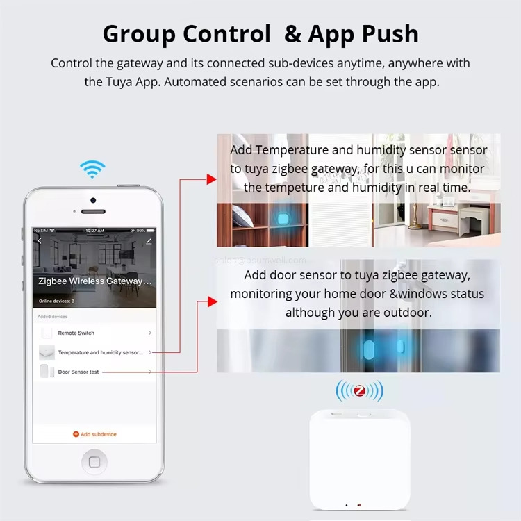 Group Control & App Push Control the gateway and its connected sub-devices anytime, anywhere withthe Tuya App. Automated scenarios can be set through the app.