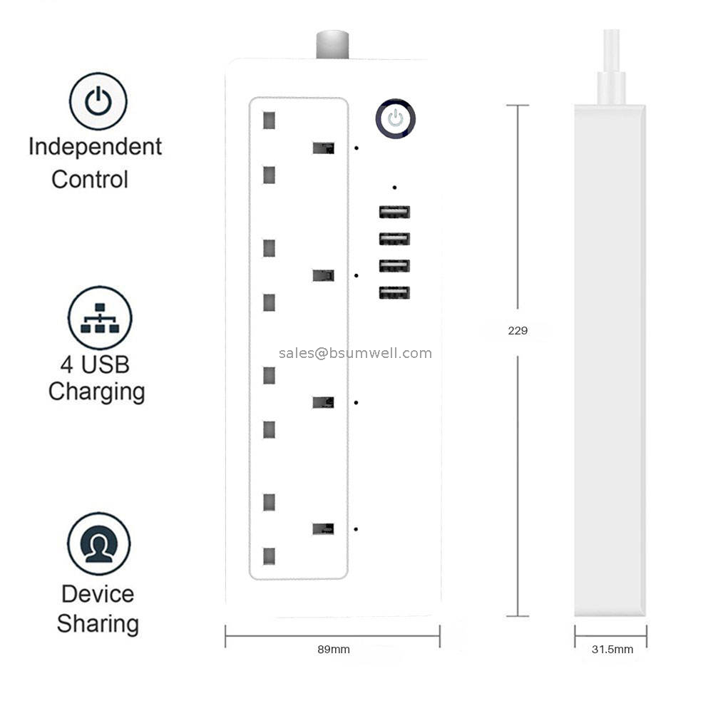 UK Smart Extension 4 Socket 4 USB Hub WiFi Tuya Smart Power Strip