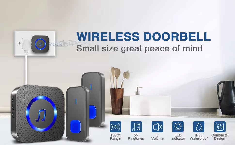 1300ft Range, 55 Ringtones, 5 Volume, LED Indicator, IP55 Waterproof, Compacte Design