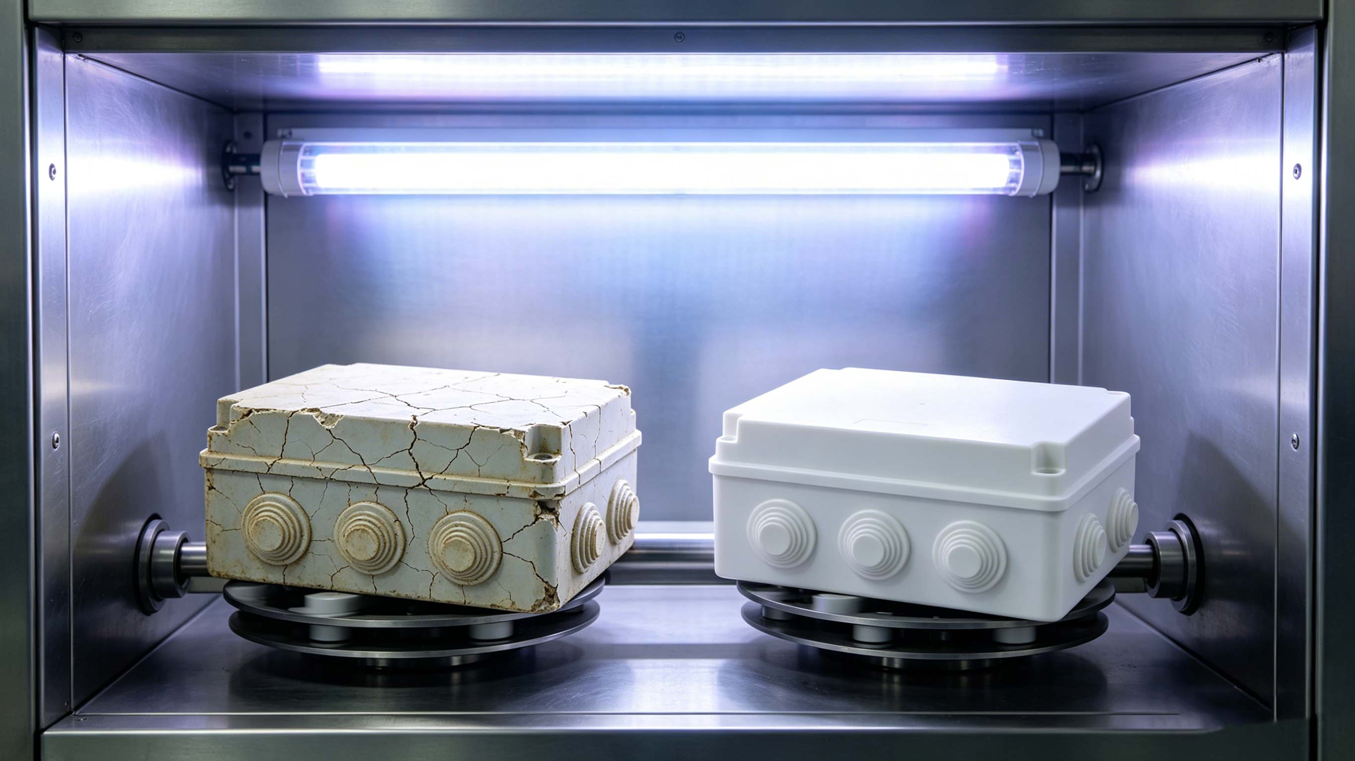ABS junction box yellowed and cracked vs UV stabilized polycarbonate box unchanged, proving PC superior UV resistance.png.jpg