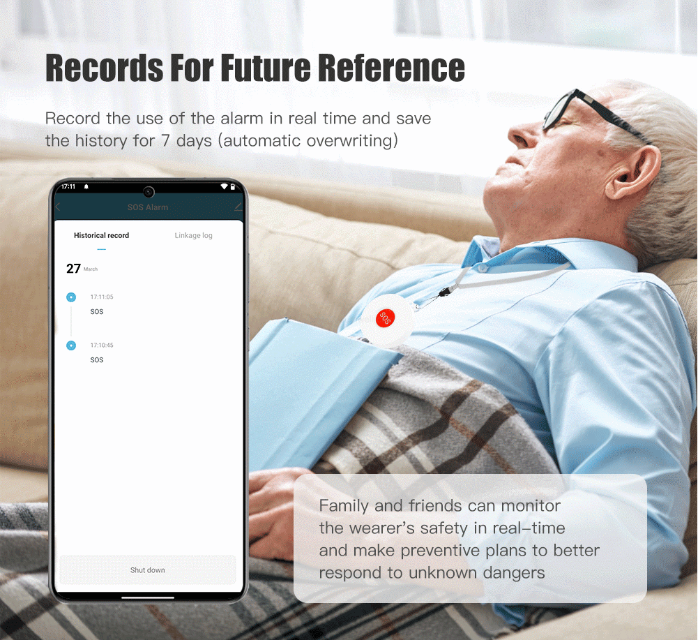 Simple one-touch SOS button triggers immediate alarm signals to connected devices and sends remote notifications.