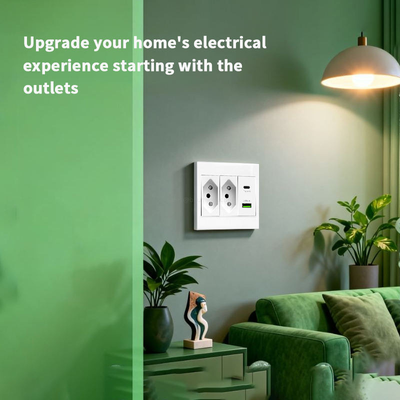 Brazil Standard Wall Socket 86x86 PC Flame Retardant Modular Electrical Outlet with USB Type C Charging Ports and Integrated Wall Light Switches