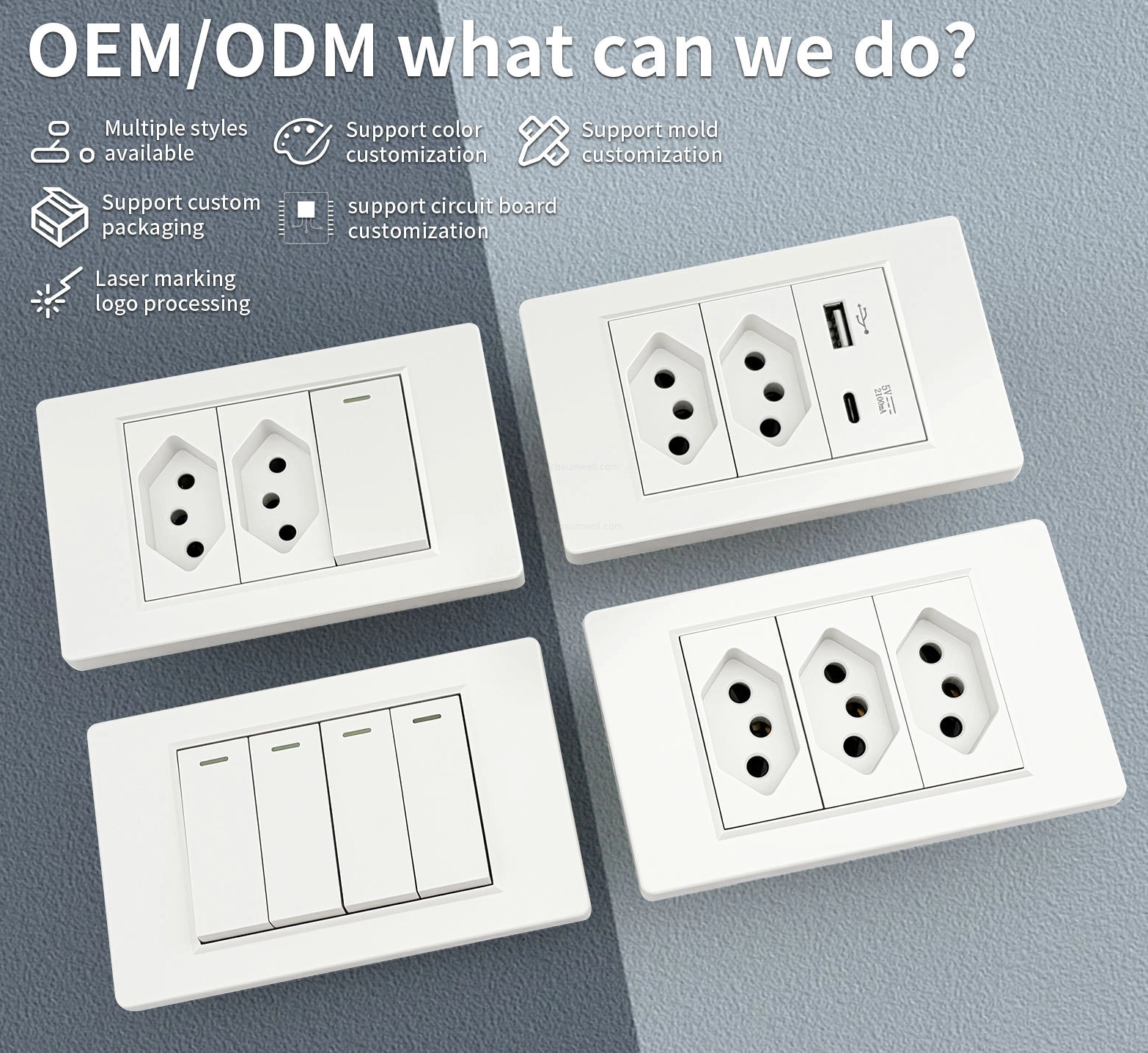 Brazil Standard Wall Power Socket Light Switch 118x72mm Fireproof PC Panel Dual USB Type C Fast Charger Smart Modular Combo Electric Outlet White