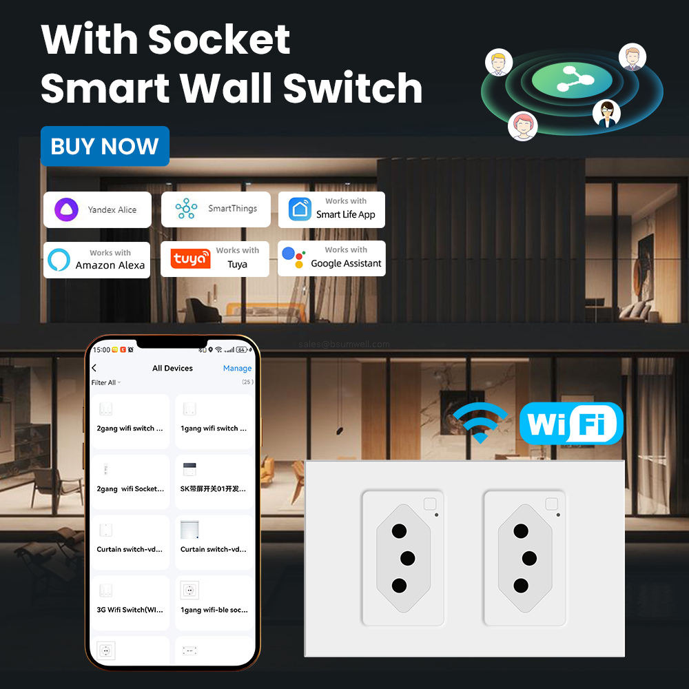 Brazil Standard Smart WiFi Wall Socket 16A Duplex Electrical Outlet Tempered Glass Panel Work with Tuya Smart Life Alexa Google Home